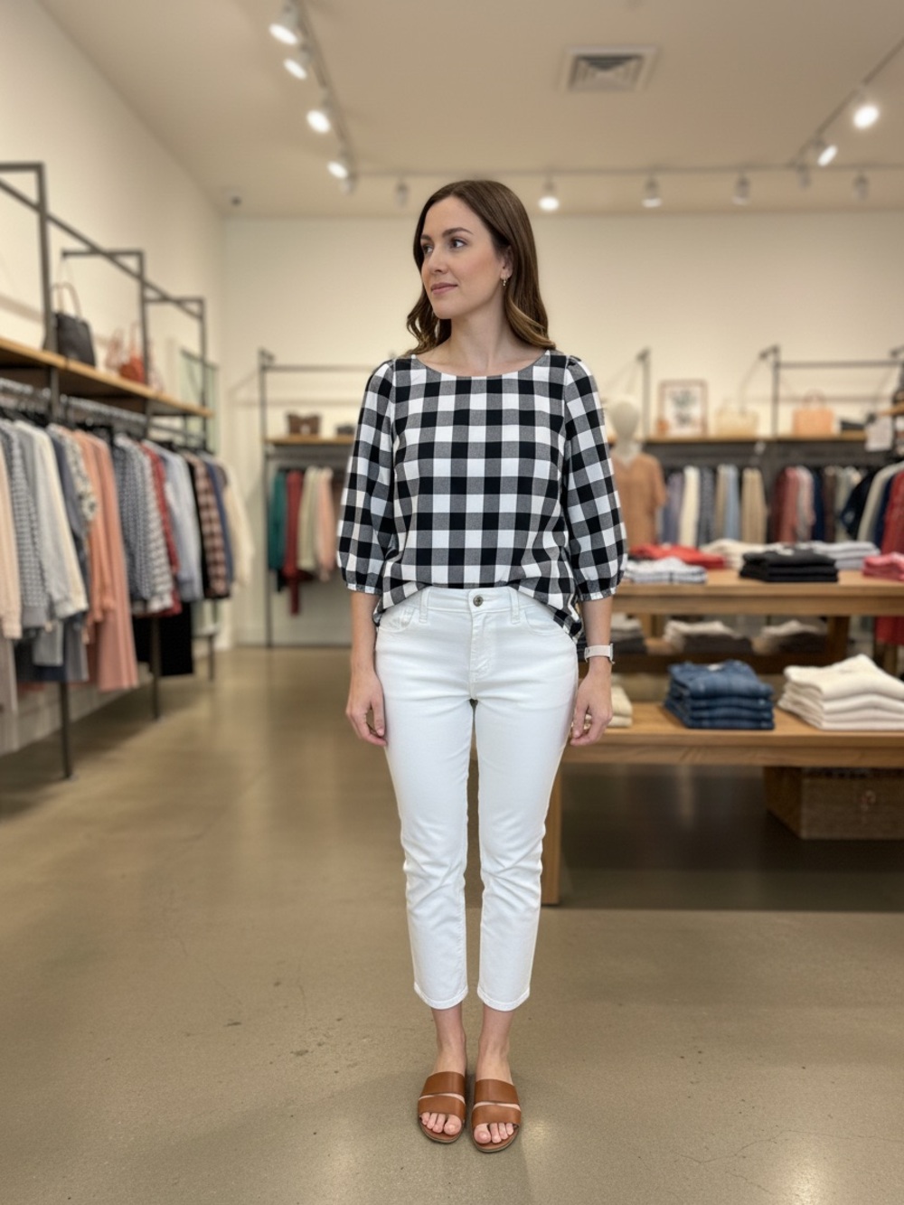 Talbots Black and White Gingham Top